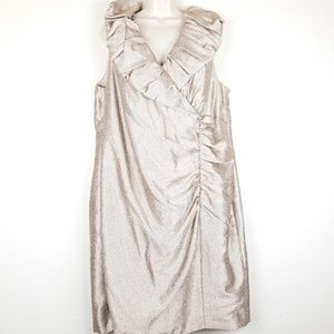 Adrianna Papell Gold Sheath Dress Ruffle Neck 22W